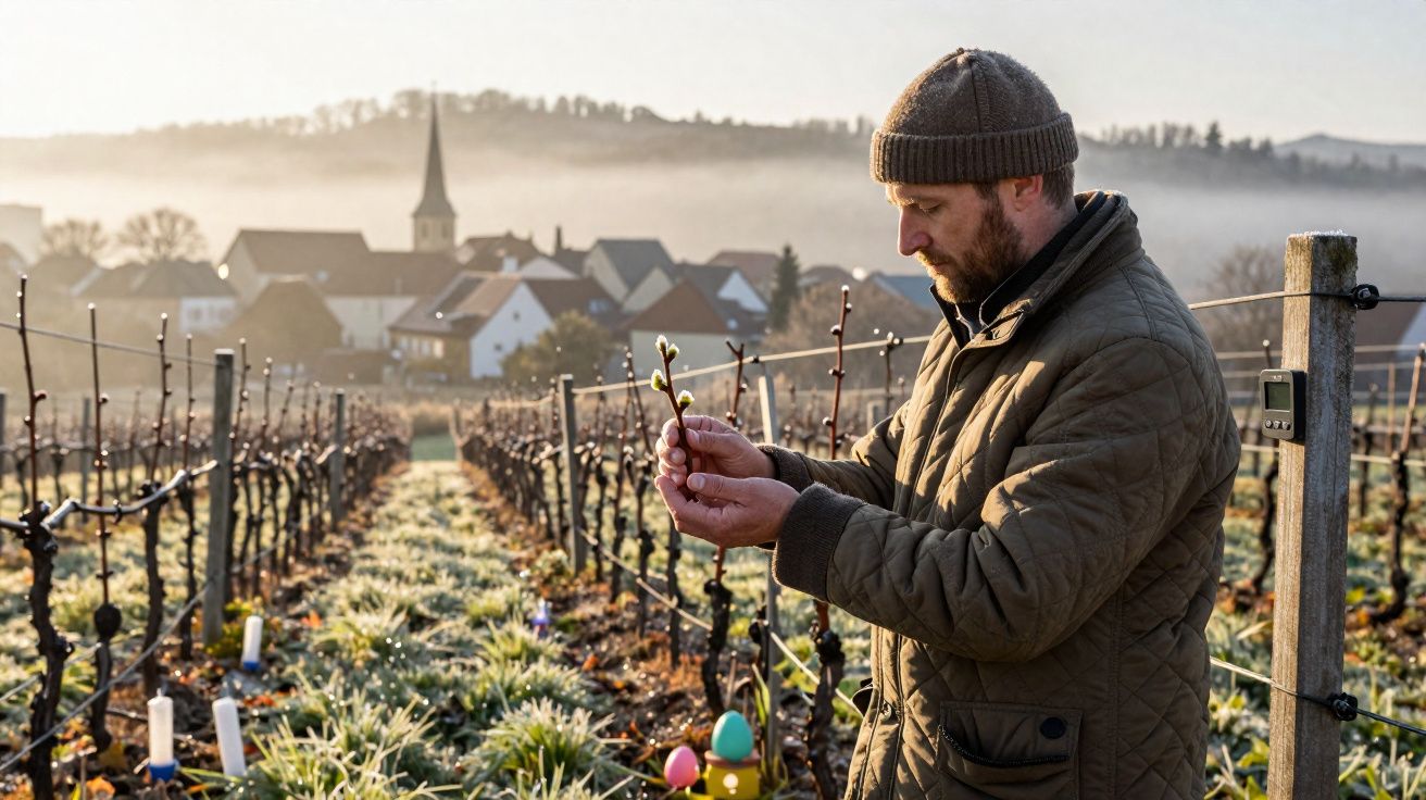 Homem com gorro a inspeccionar uma planta num vinhedo com aldeia e igreja ao fundo.