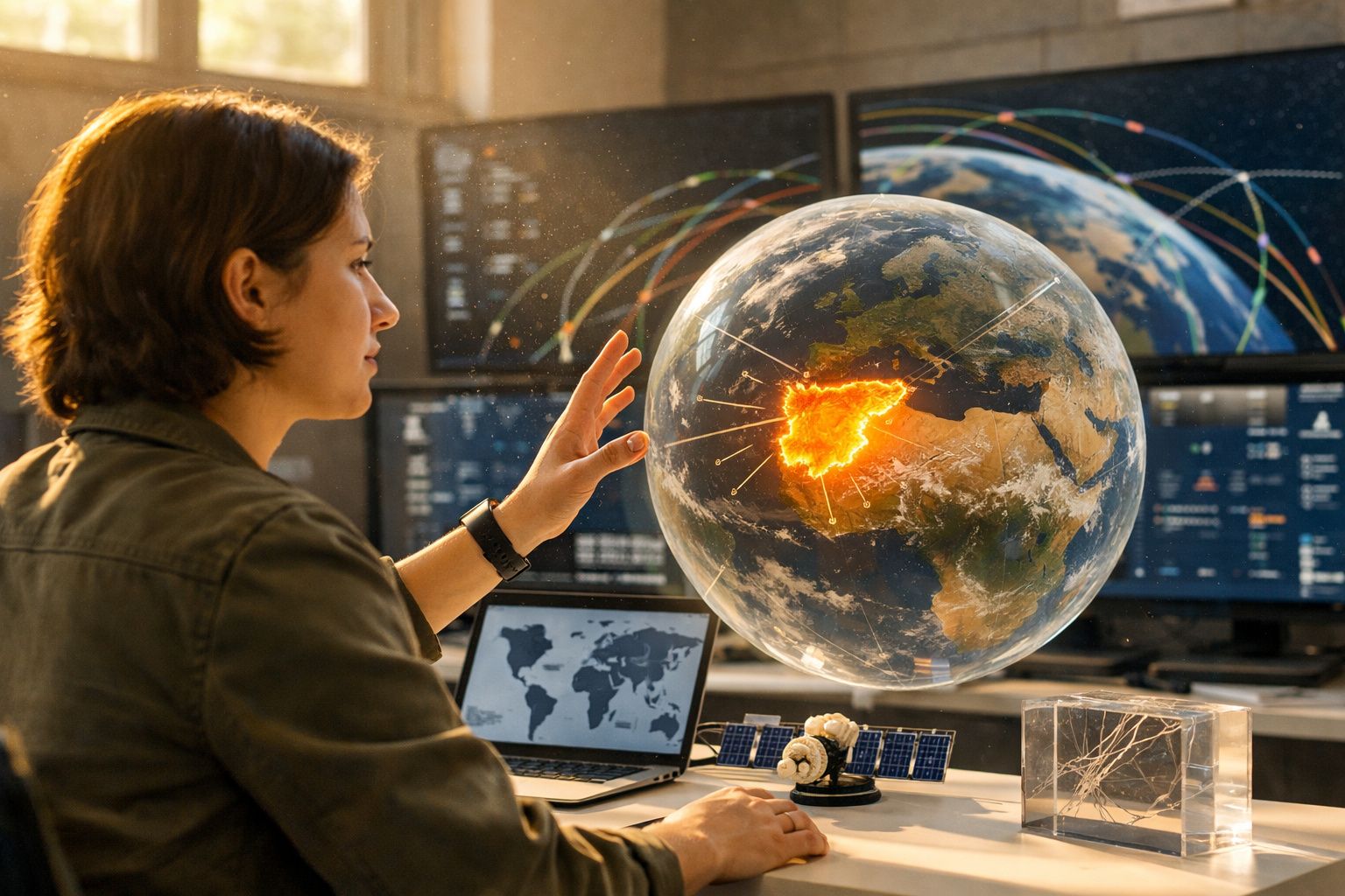 Mulher a analisar holograma do globo terrestre com destaque em Espanha e mapas digitais na sua frente.