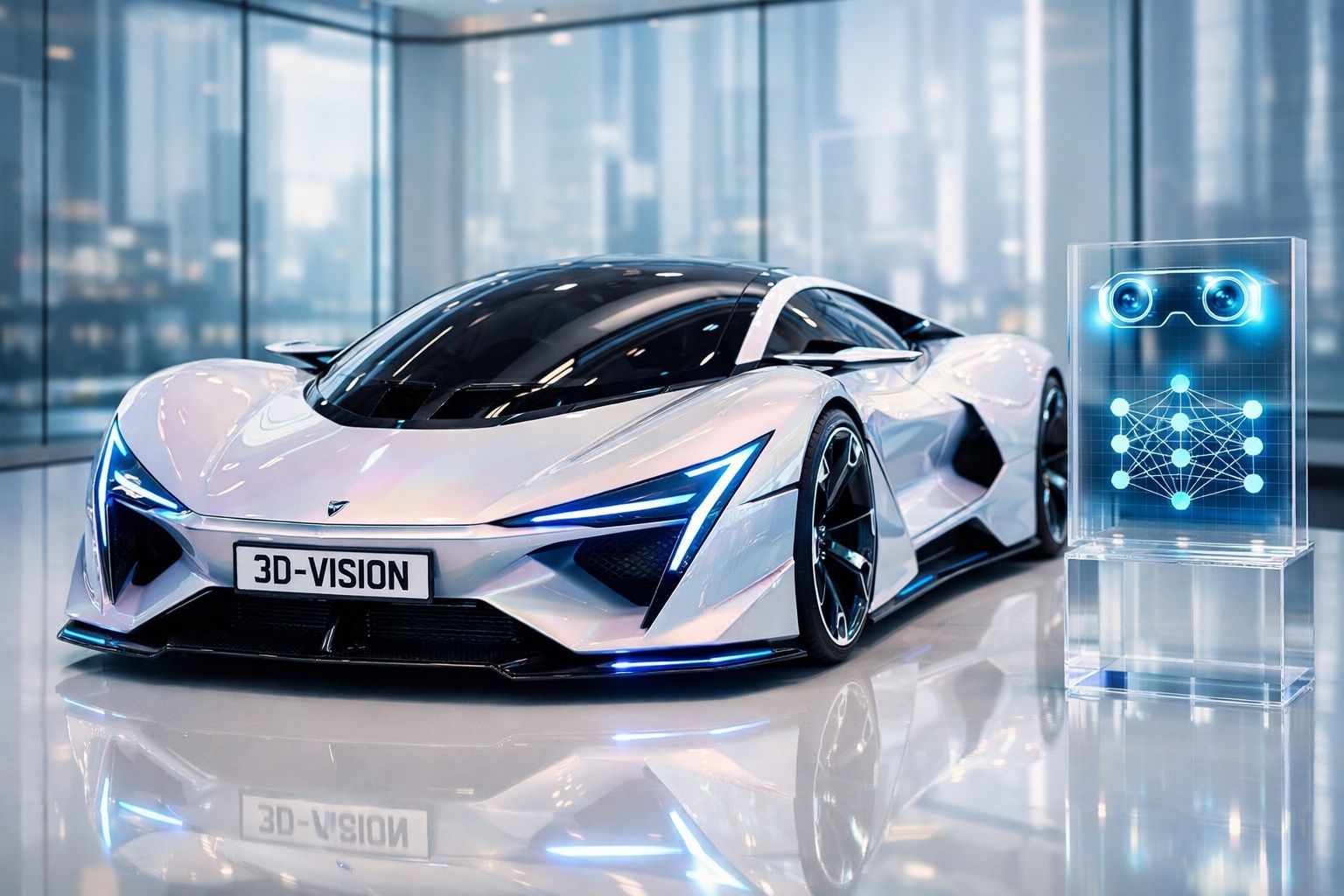 Carro desportivo futurista branco com faróis LED azuis e placa "3D-VISION" em ambiente moderno e luminoso.