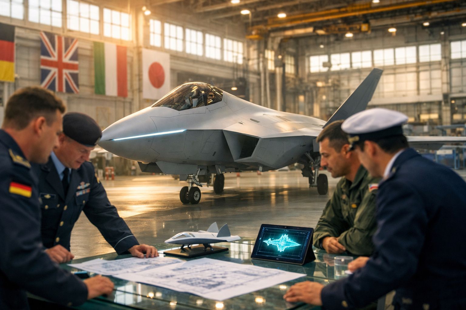 Quatro militares em reunião com planta e tablet, com jato militar moderno numa hangar ao fundo.