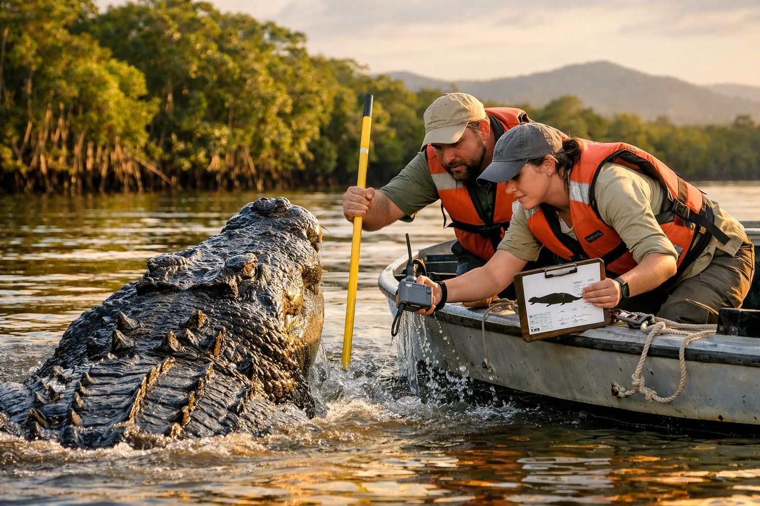 Dois investigadores num barco medem um crocodilo numa zona alagada rodeada de vegetação.