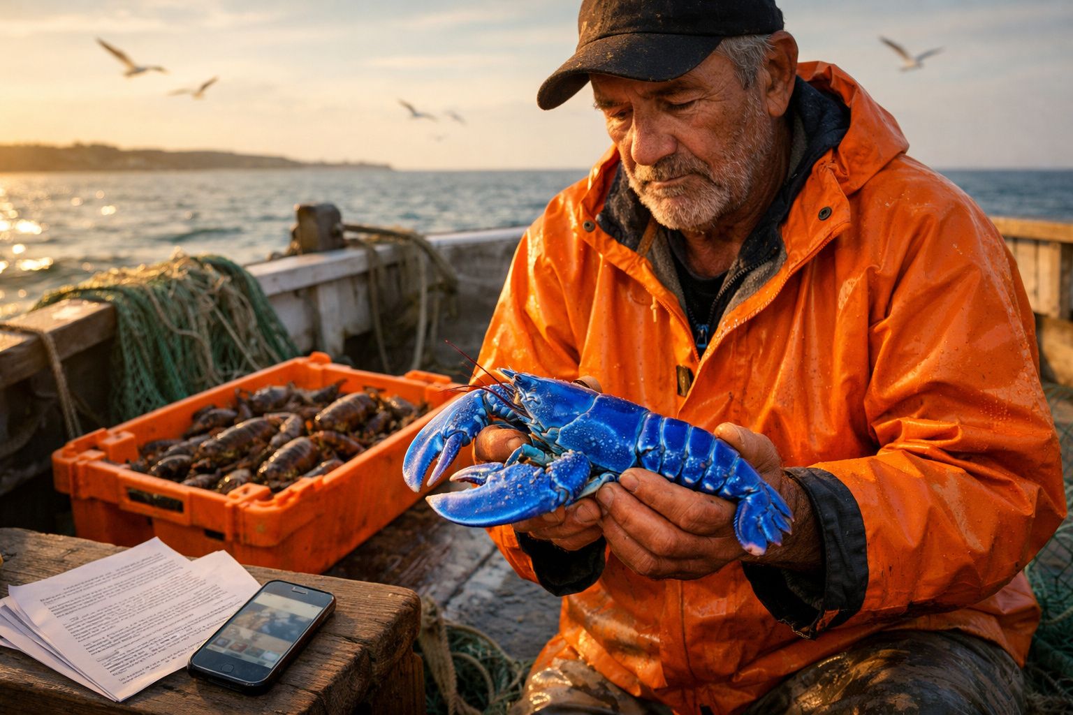 Pescador com casaco laranja segura uma lagosta azul numa embarcação ao pôr do sol no mar.