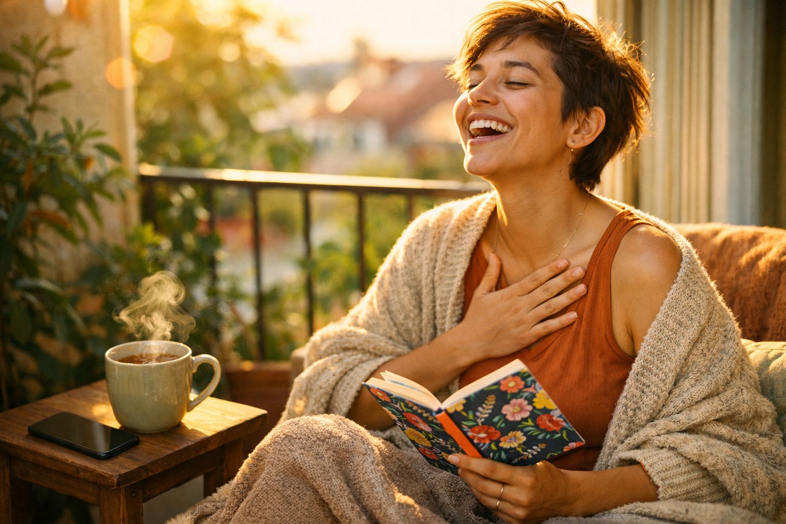 Mulher sorridente com manta, sentada numa varanda, a ler um livro com chá quente ao lado.