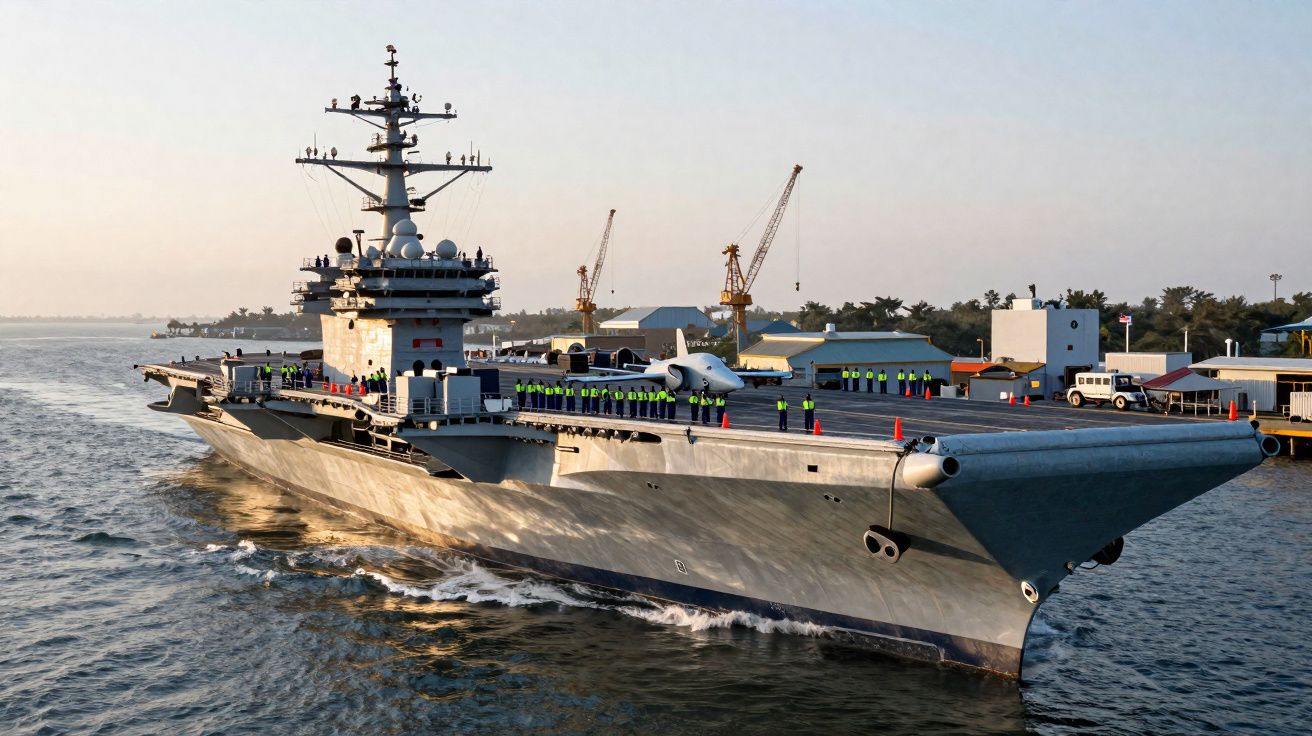 Porta-aviões em movimento no porto com tripulação e aviões militares no convés ao amanhecer.