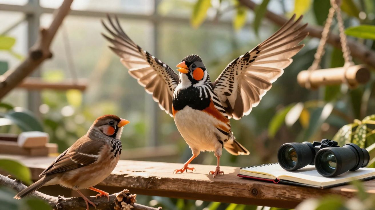 Dois pássaros coloridos em madeira ao ar livre, junto a um caderno aberto e binóculos.
