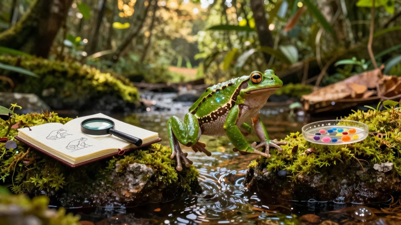 Rã verde sobre musgo entre pedras junto a um caderno, lupa e palete de tintas numa riacho na floresta.