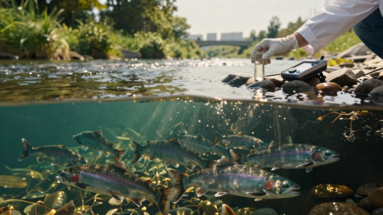 Pessoa a recolher amostra de água num rio com peixes visíveis no fundo pedregoso.