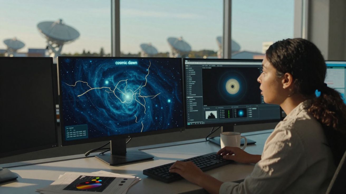 Mulher a analisar imagens de galáxias em monitores no escritório com antenas parabólicas ao fundo.