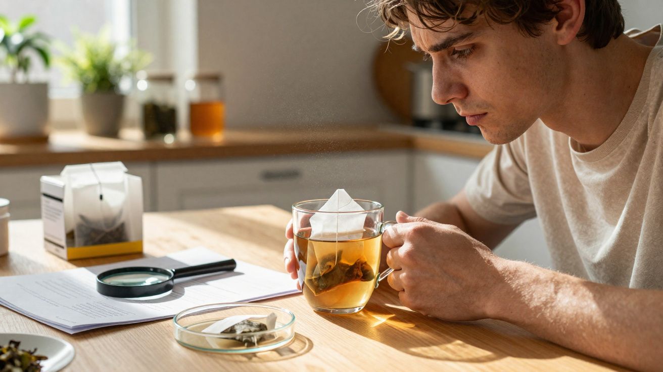 Homem analisa chá numa chávena enquanto estuda folhas de chá numa bancada de cozinha iluminada.