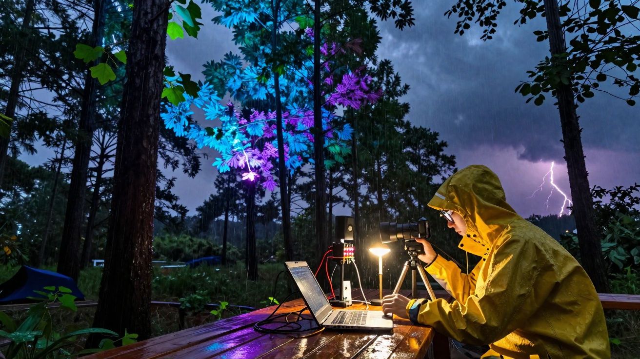 Pessoa com impermeável amarelo usa computador e máquina fotográfica à noite na floresta com relâmpago ao fundo.