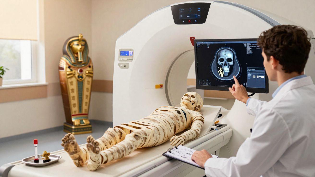 Médico analisa tomografia de múmia dentro de scanner em sala com sarcófago egípcio.
