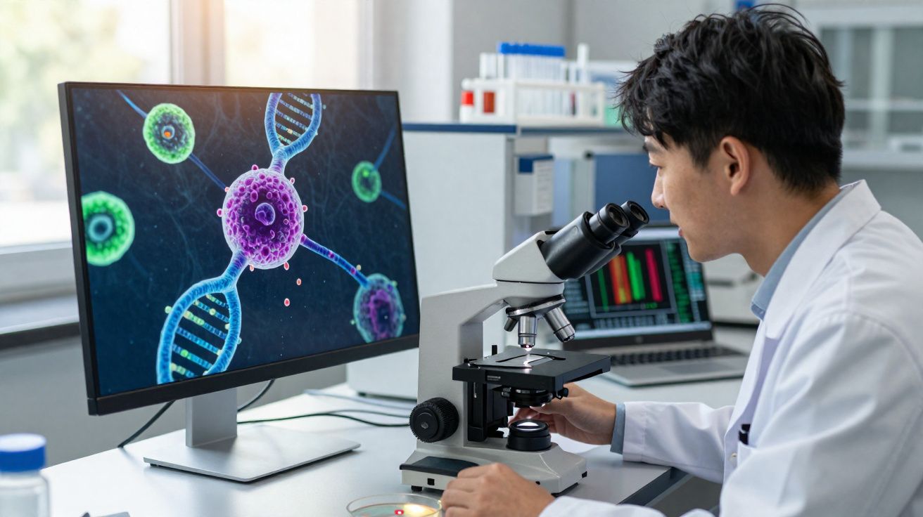 Cientista a observar amostra no microscópio com imagem de ADN e células na tela do computador.