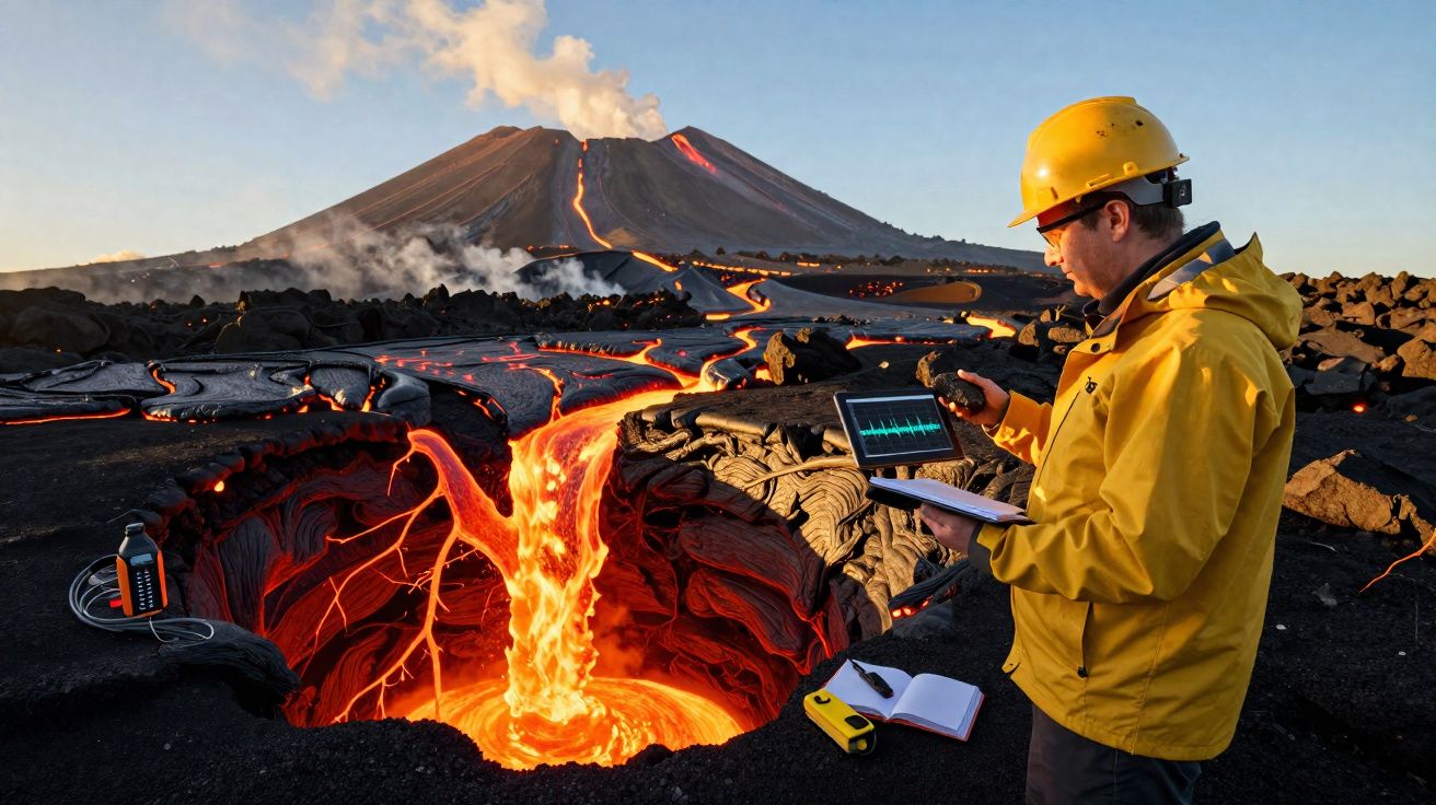 Cientista com equipamento a monitorizar lava quente a sair de fenda vulcânica ativa, com vulcão em erupção ao fundo.