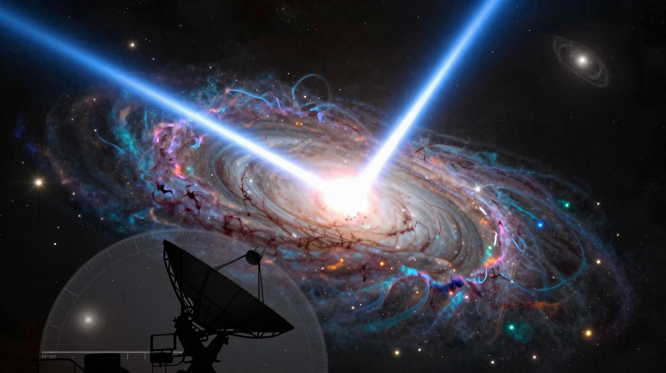 Antena parabólica em primeiro plano com explosão energética e galáxia ao fundo no espaço sideral.