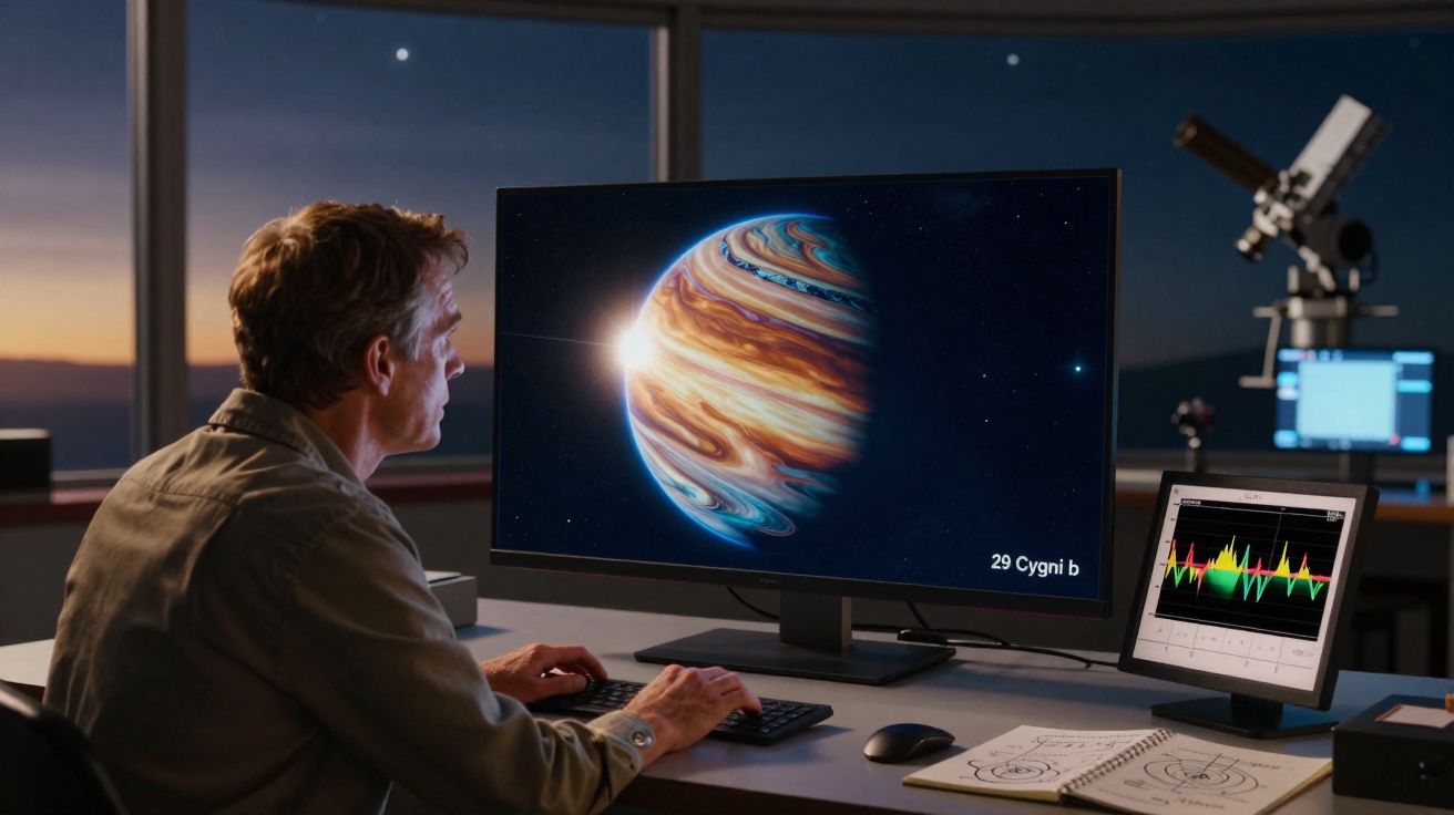 Homem a analisar imagem de um planeta gigante gasoso num ecrã de computador, com equipamento astronómico na sala.