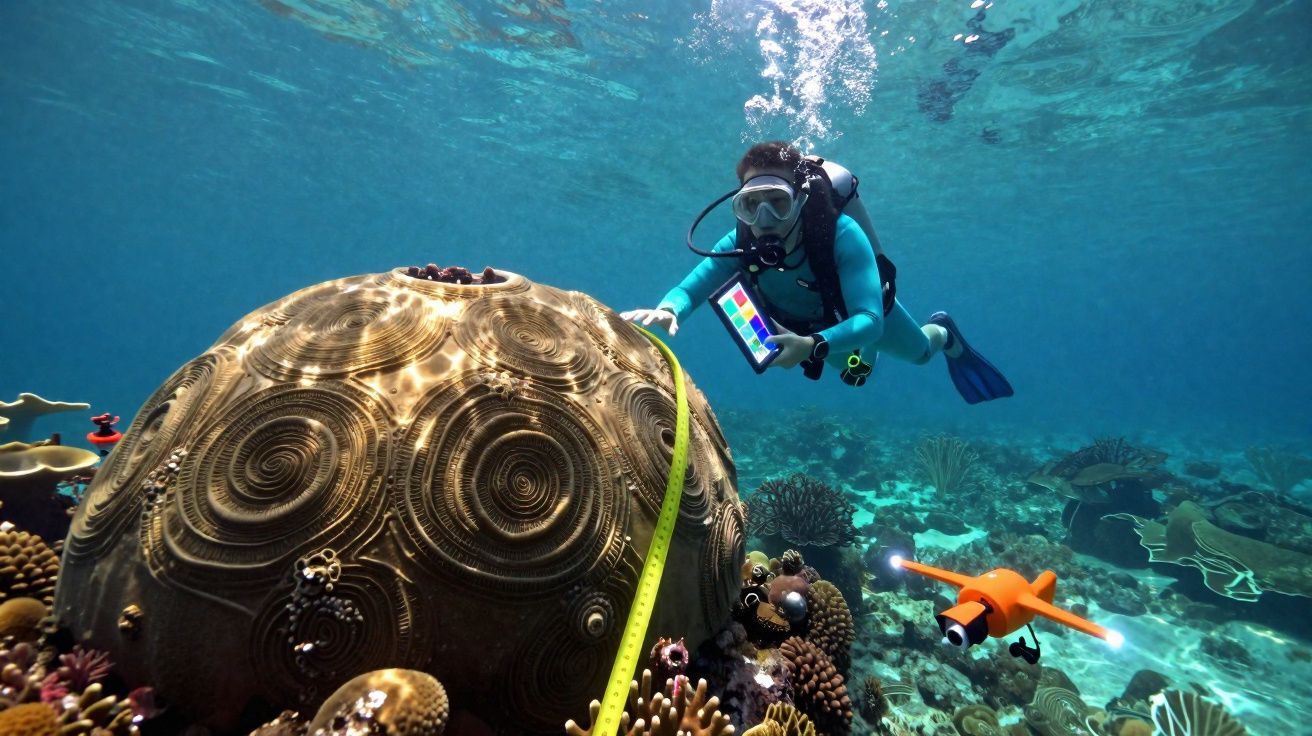 Mergulhador a medir coral marinho com fita métrica e drone subaquático a captar imagens.