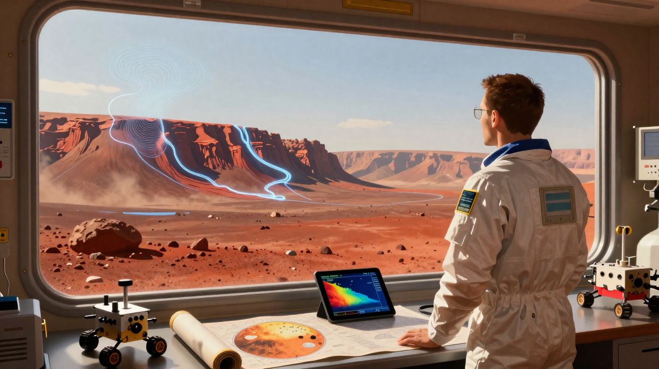 Astronauta observa paisagem marciana com planícies e formações rochosas, enquanto estuda dados num tablet.
