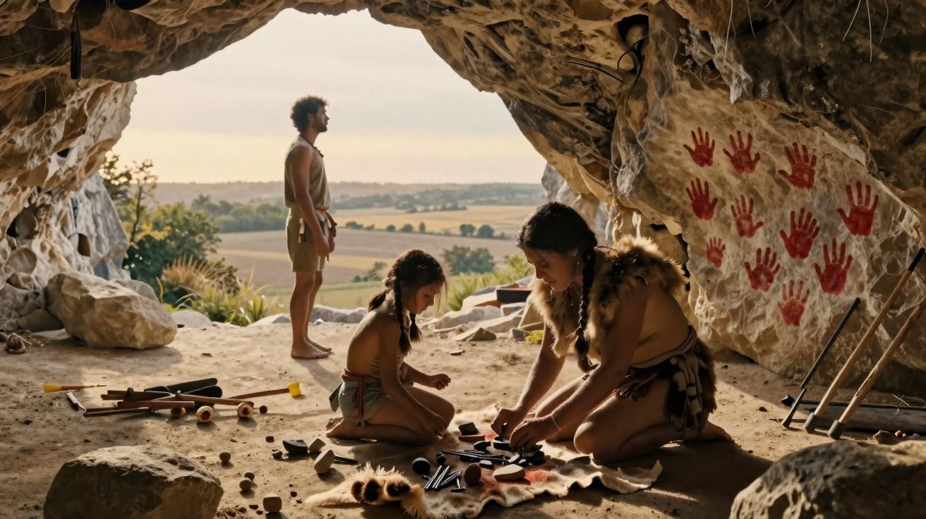 Três pessoas vestidas com roupas pré-históricas dentro de uma caverna com pinturas de mãos vermelhas na parede.