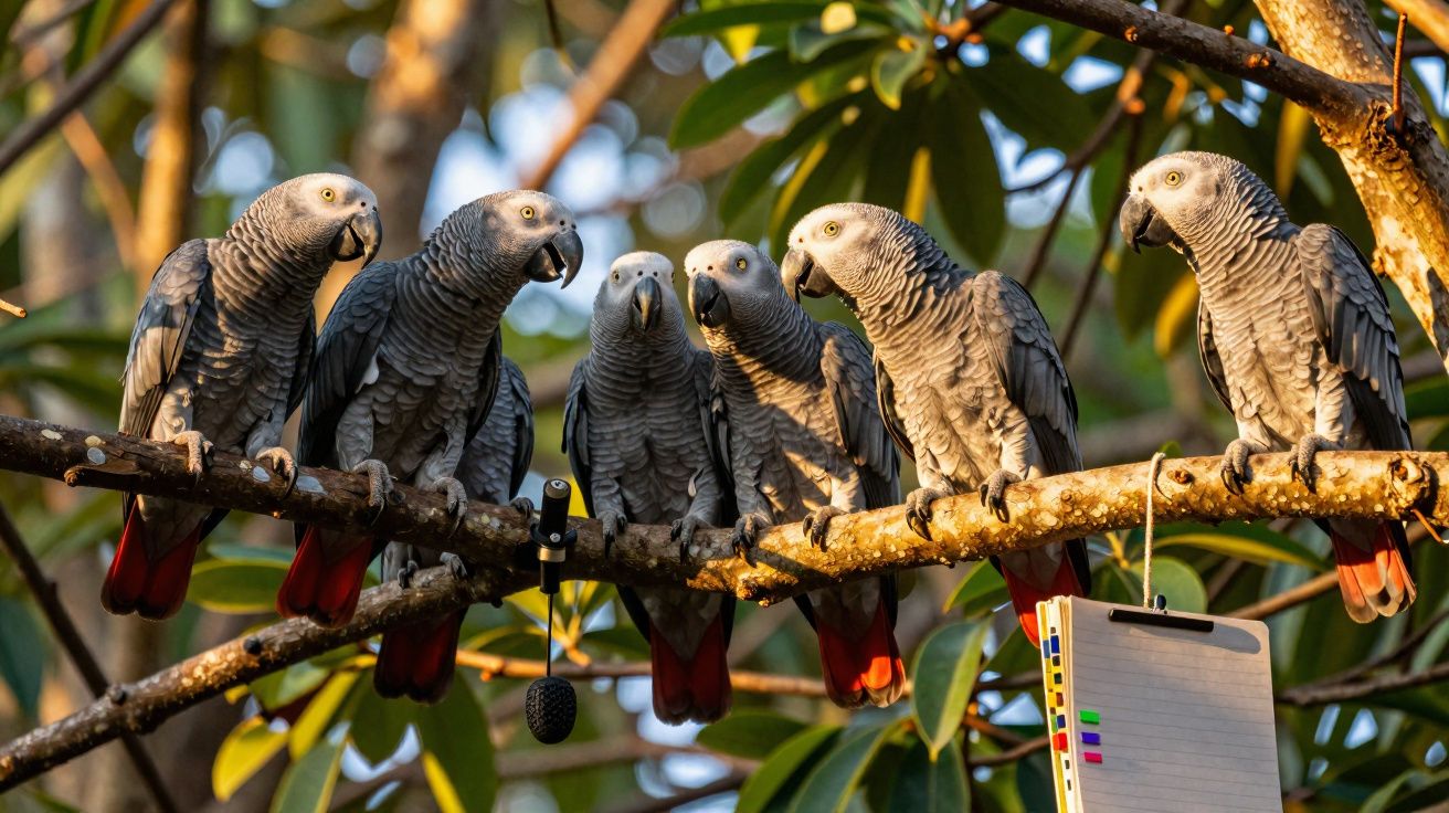 Seis papagaios cinzentos africanos pousados num tronco com folhas verdes ao fundo, iluminados pelo sol.