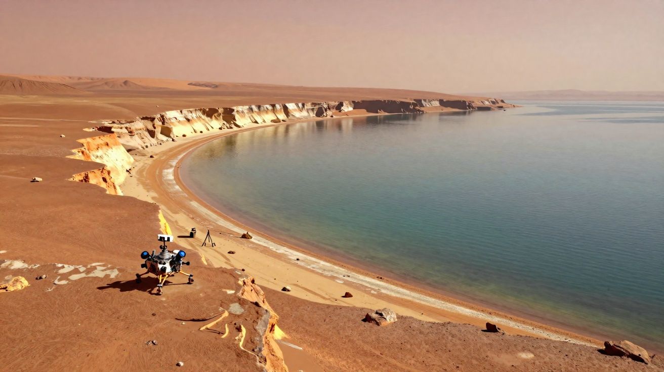 Costa rochosa com penhascos dourados e uma extensão de água calma sob um céu alaranjado.