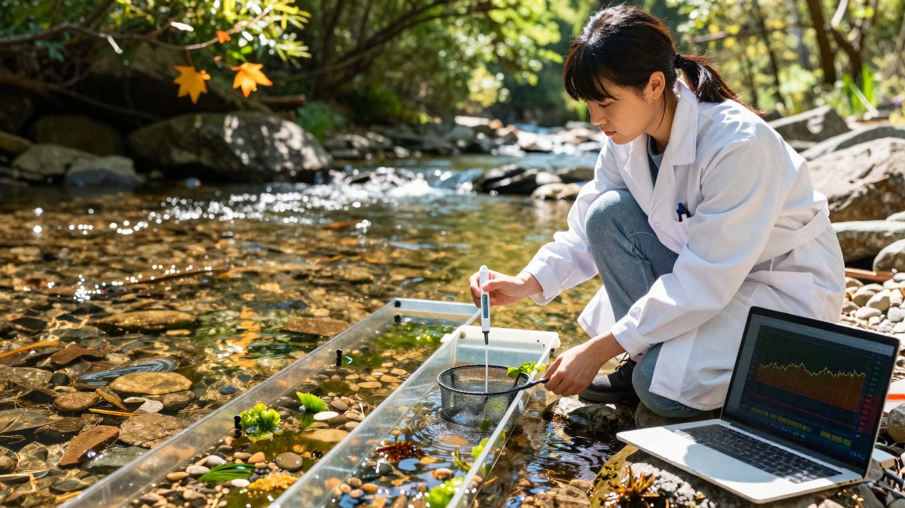 Investigadora com bata branca a fazer medições na água de um rio junto a um portátil com gráficos.