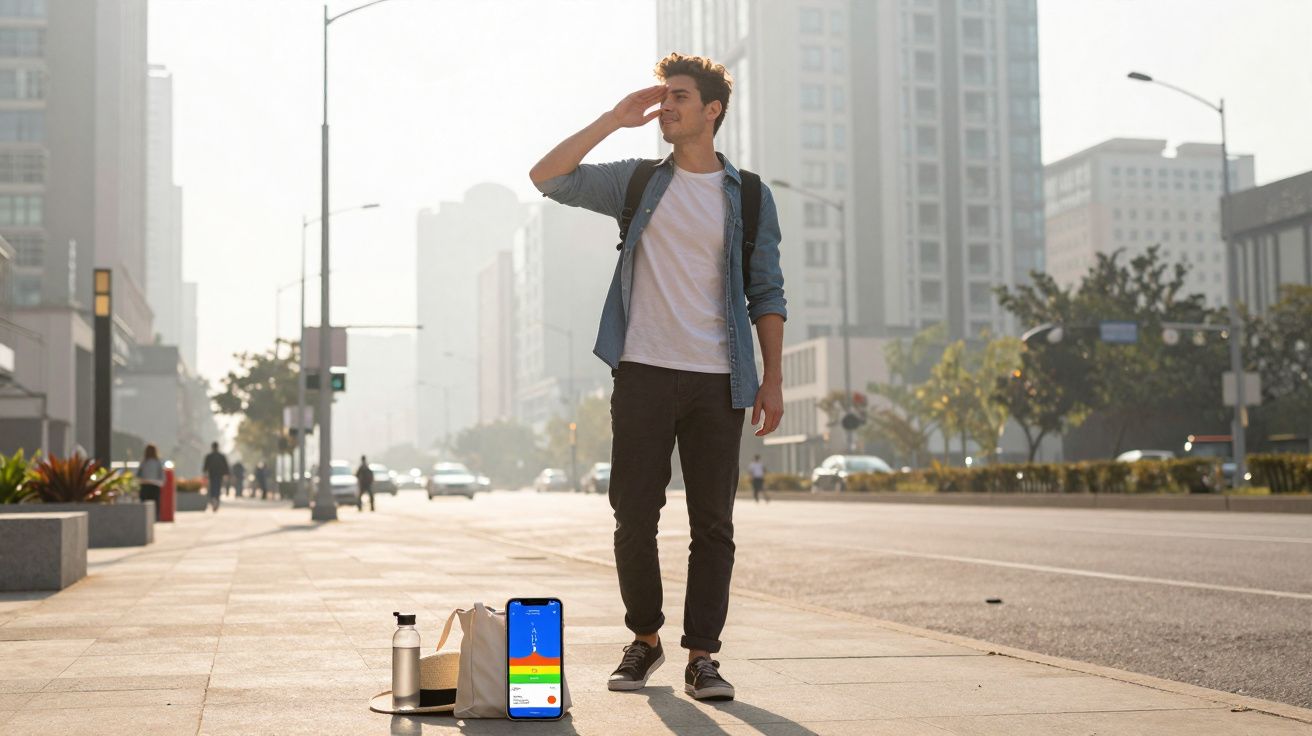 Jovem de pé na calçada da cidade, com mochila, cumprimenta enquanto app de smartphone está pousado no chão.