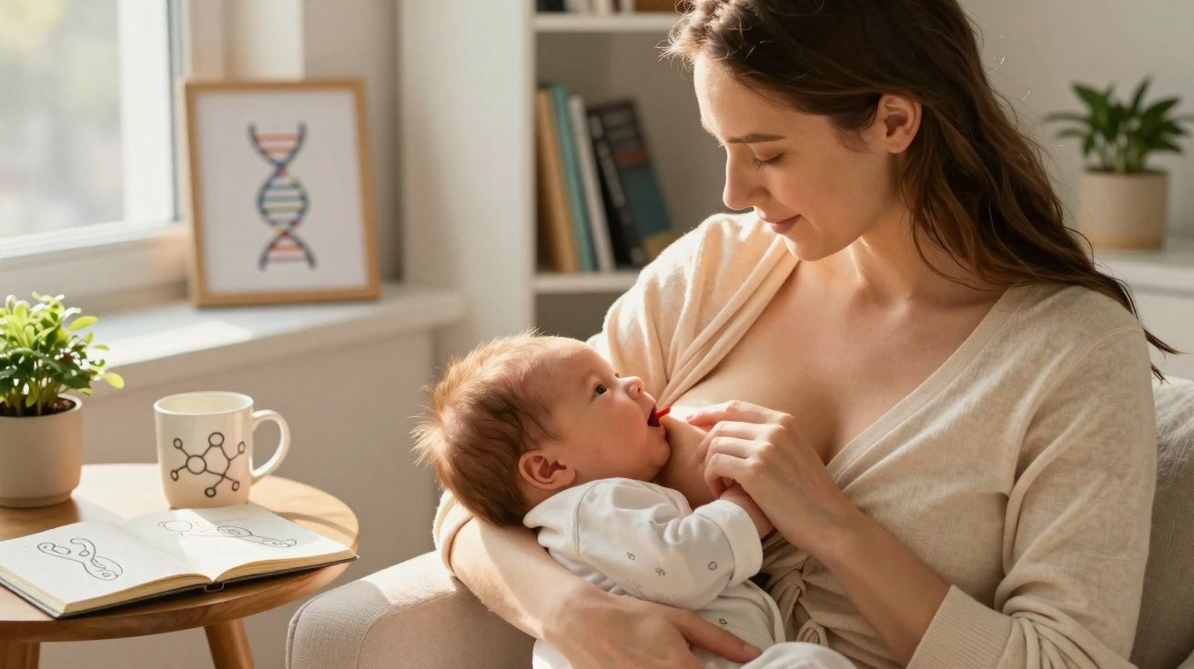 Mulher amamenta bebé num ambiente luminoso com decoração científica em fundo desfocado.