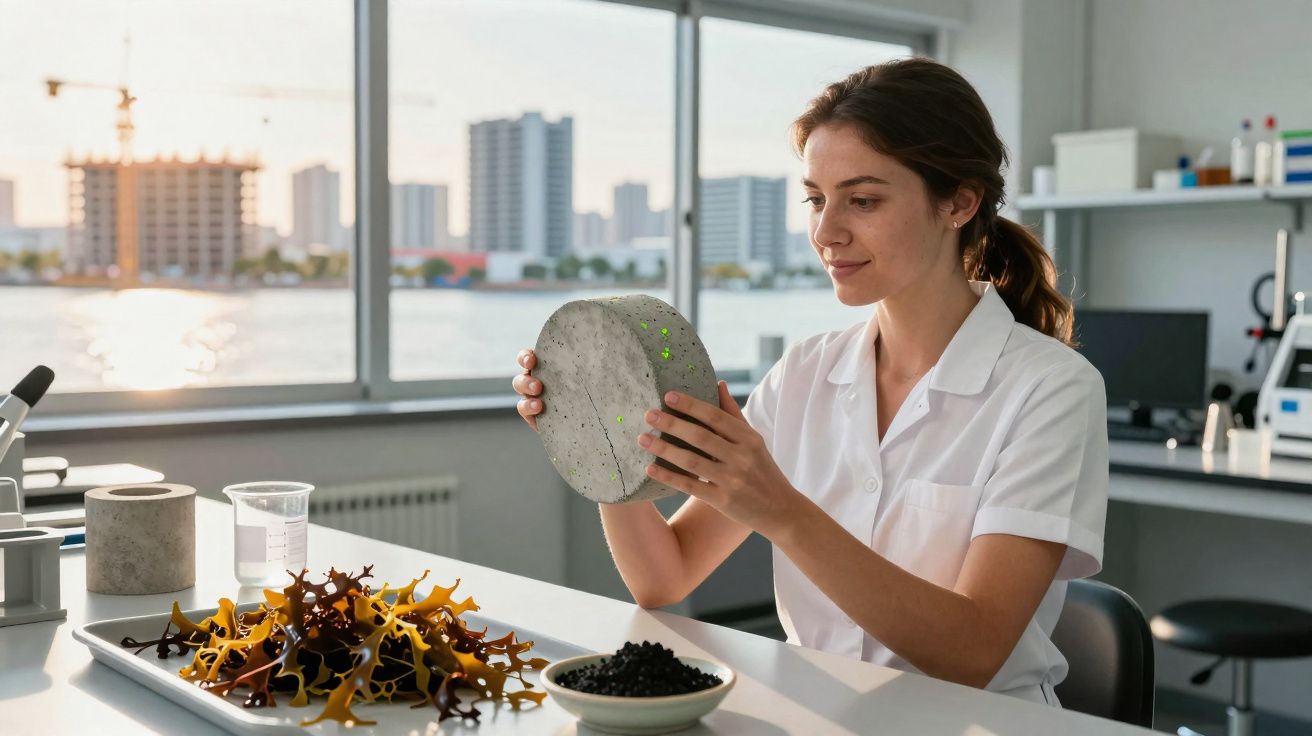 Mulher cientista analisa amostra de concreto em laboratório com equipamentos e plantas artificiais.
