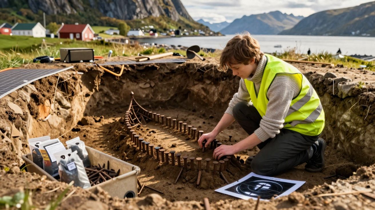 Jovem arqueólogo escava e monta estrutura de navio viking em sítio arqueológico junto ao mar.