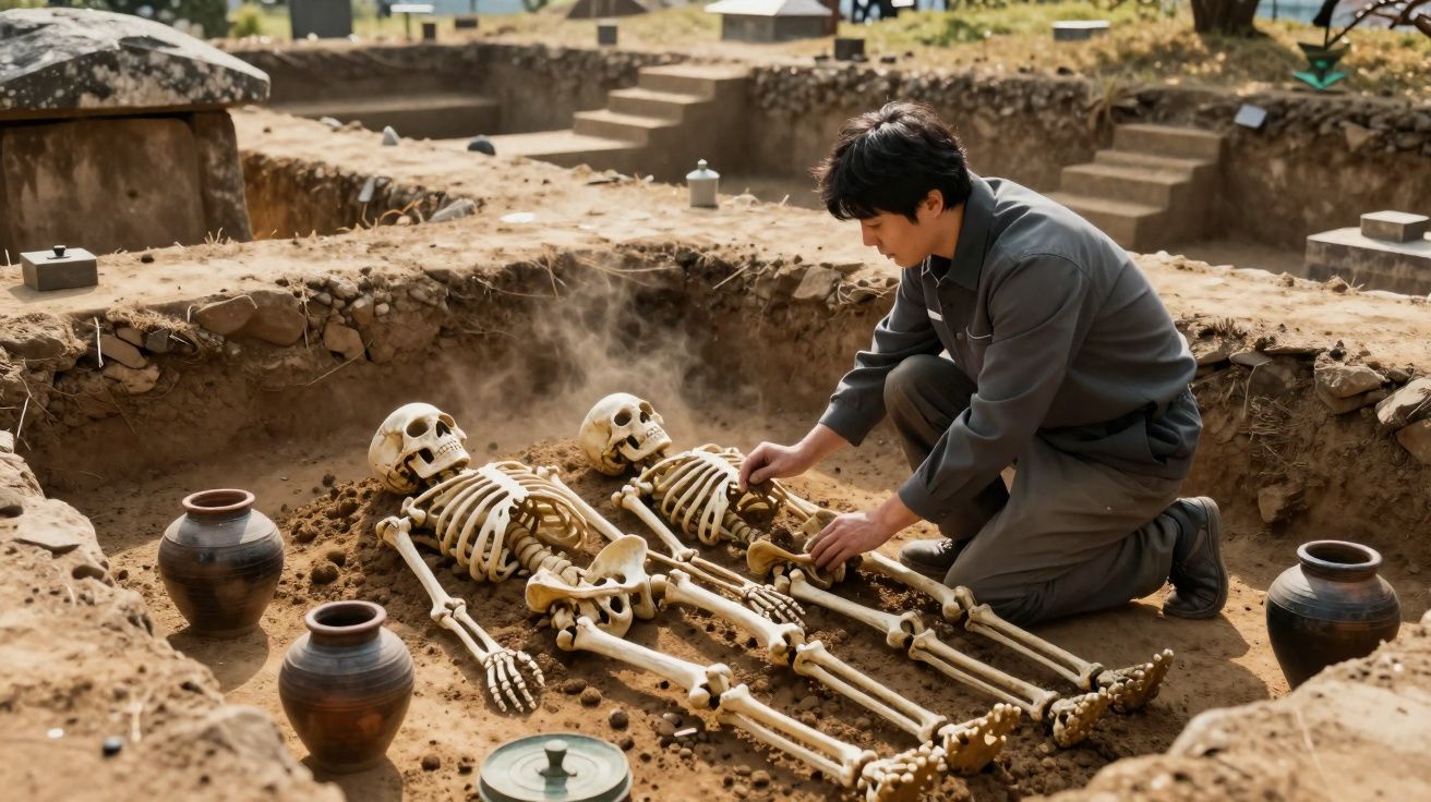 Arqueólogo examina dois esqueletos humanos em escavação arqueológica com vasos antigos ao redor.