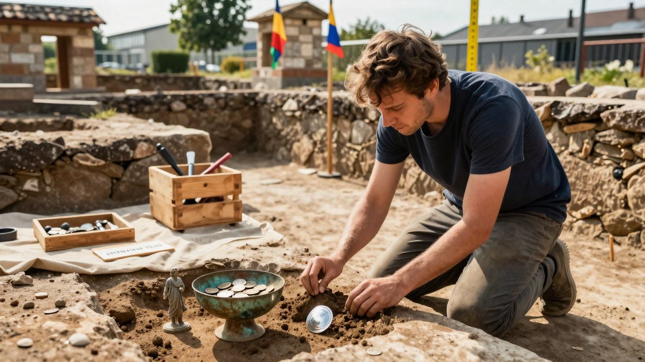 Arqueólogo escava moedas antigas numa escavação arqueológica ao ar livre num dia soalheiro.
