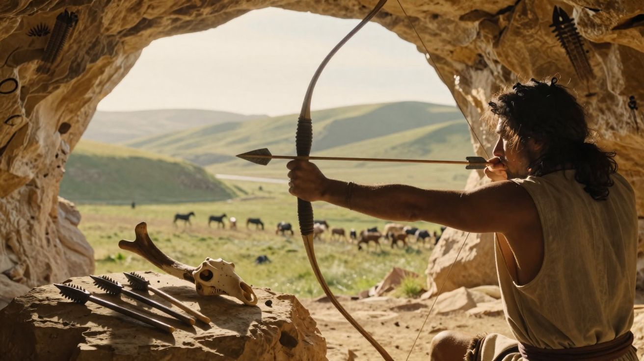 Homem pré-histórico na entrada de uma caverna a apontar um arco com flecha para um grupo de cavalos ao longe.