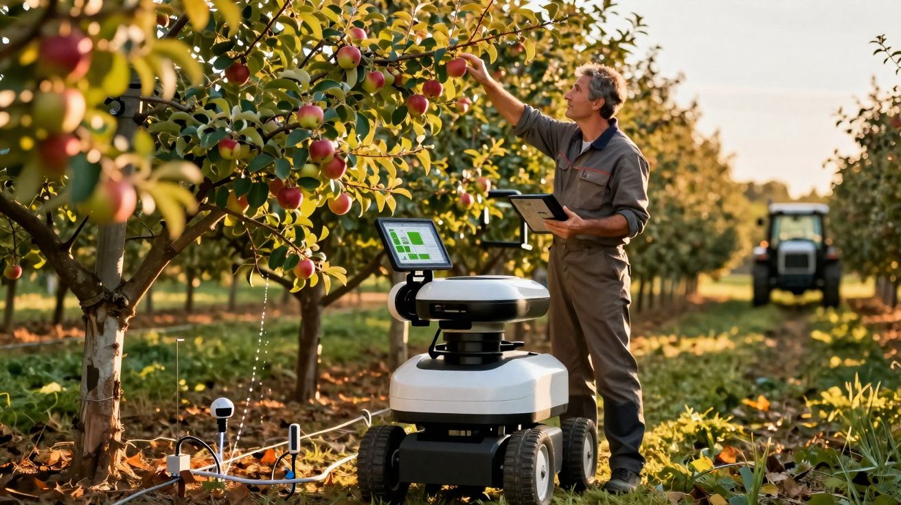 Homem a recolher maçãs numa pomar, usando tablet e robot agrícola autónomo ao seu lado.