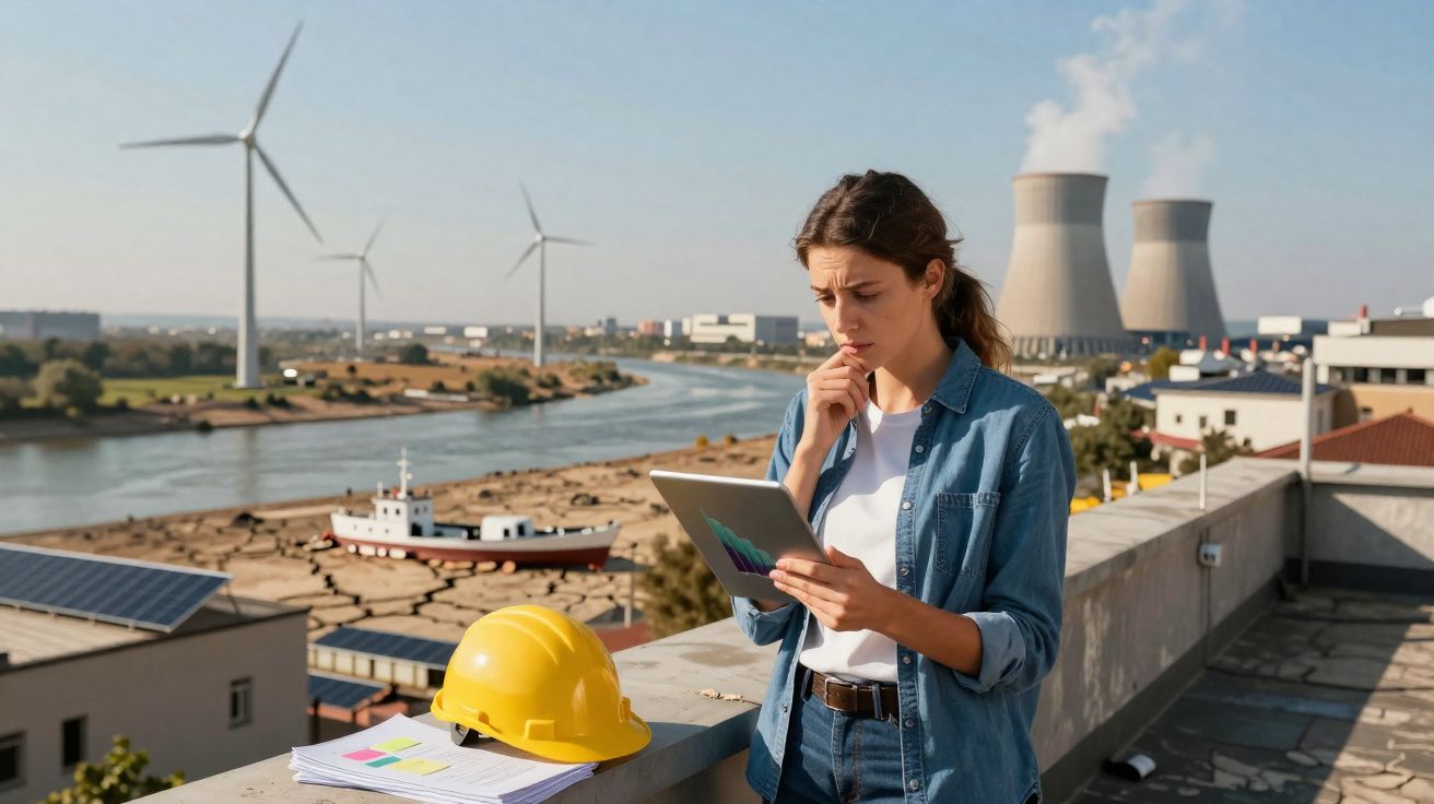 Engenheira a analisar tablet num terraço com turbinas eólicas e centrais nucleares ao fundo.