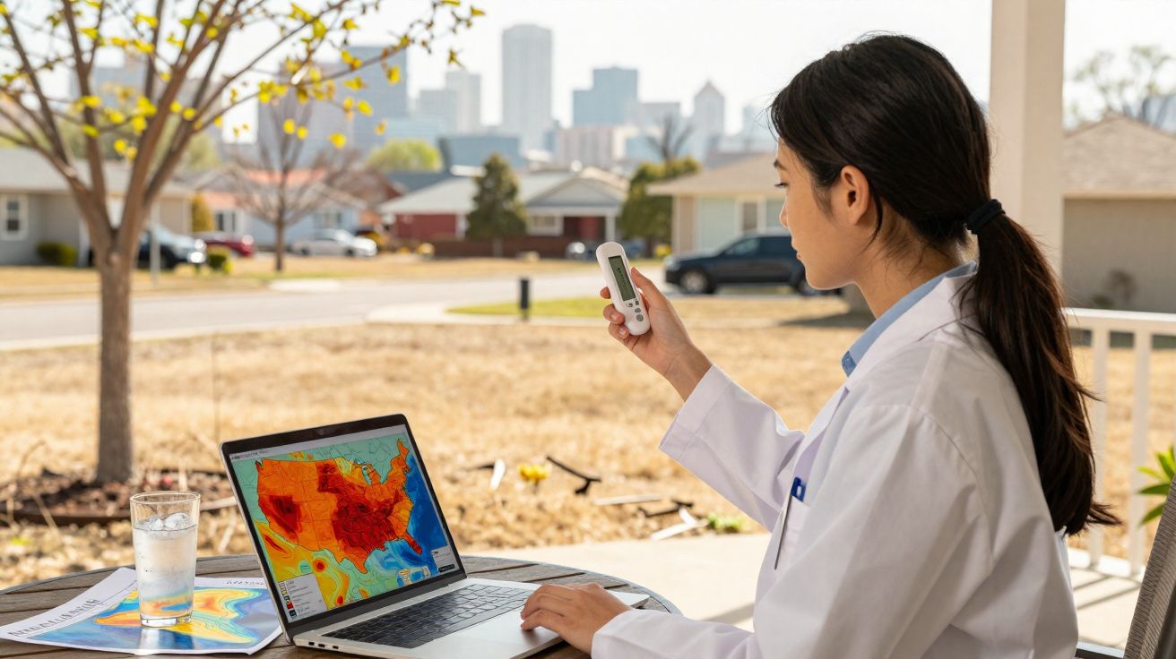 Mulher com bata branca analisa dados meteorológicos num portátil, segurando um sensor remoto num ambiente exterior.