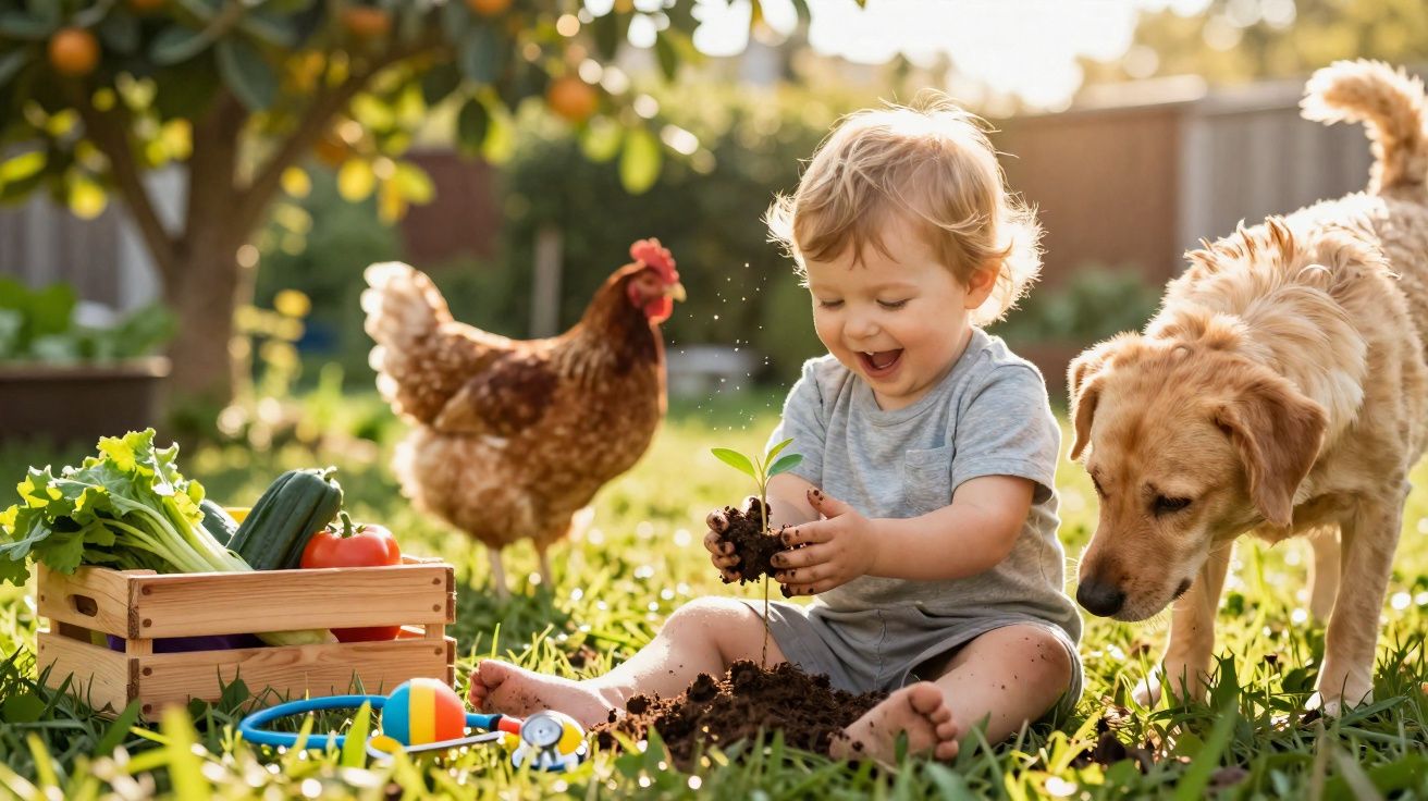 Criança sorridente sentada na relva a plantar uma muda, com um cão e uma galinha por perto num jardim.