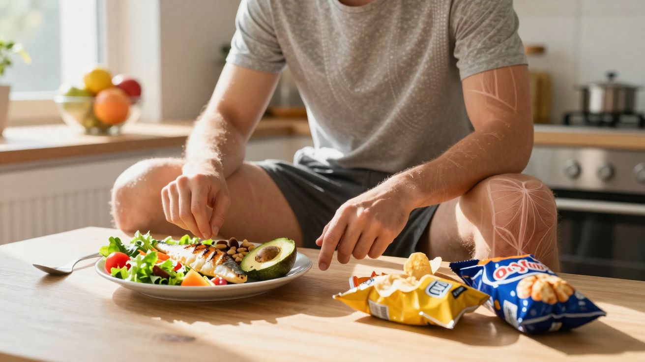 Pessoa sentada à mesa com prato saudável de salada e abacate, e pacotes de batatas fritas próximos.