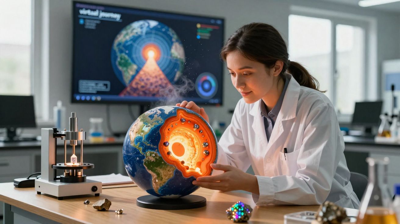 Mulher cientista em laboratório a estudar um modelo iluminado do interior da Terra.