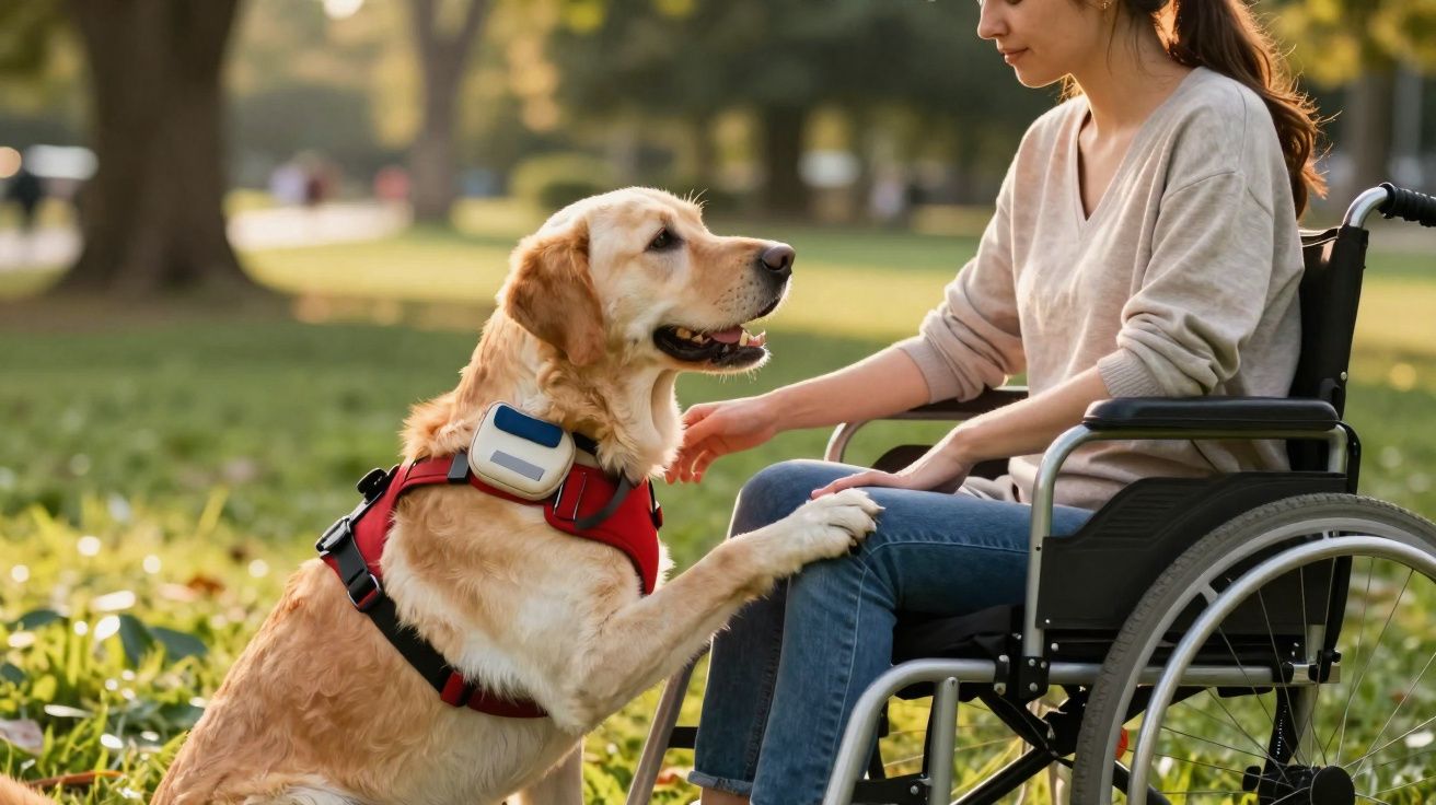 Mulher em cadeira de rodas interage com cão de assistência num parque ensolarado.