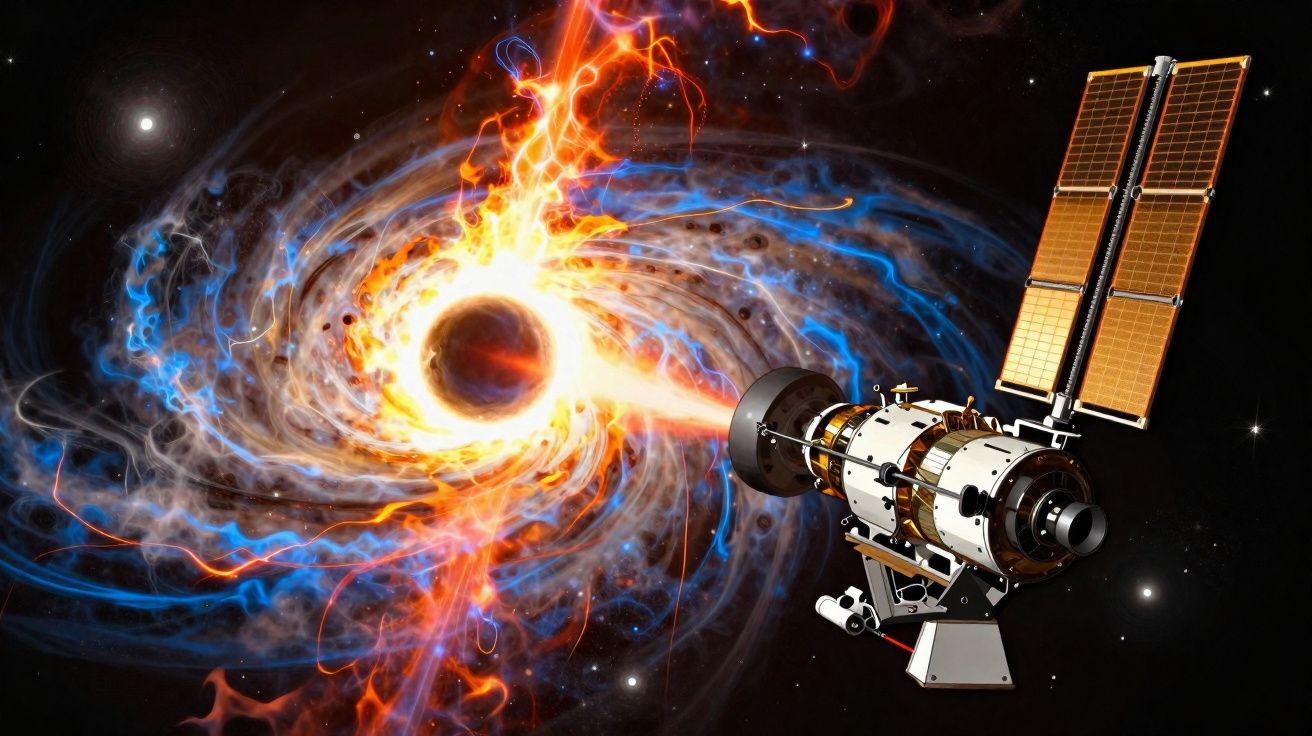 Sonda espacial observa um buraco negro com disco de acreção brilhante e jatos de energia no espaço.