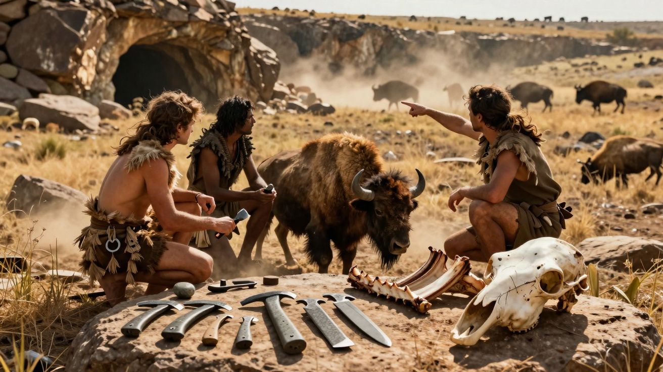 Três homens pré-históricos observam bisontes, com ferramentas de pedra e um crânio de animal em primeiro plano.