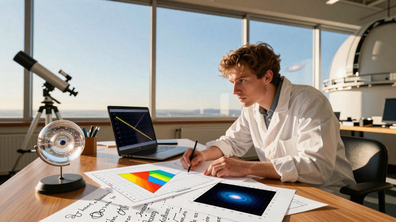 Jovem cientista a estudar gráficos e imagens astronómicas num laboratório com telescópio ao fundo.