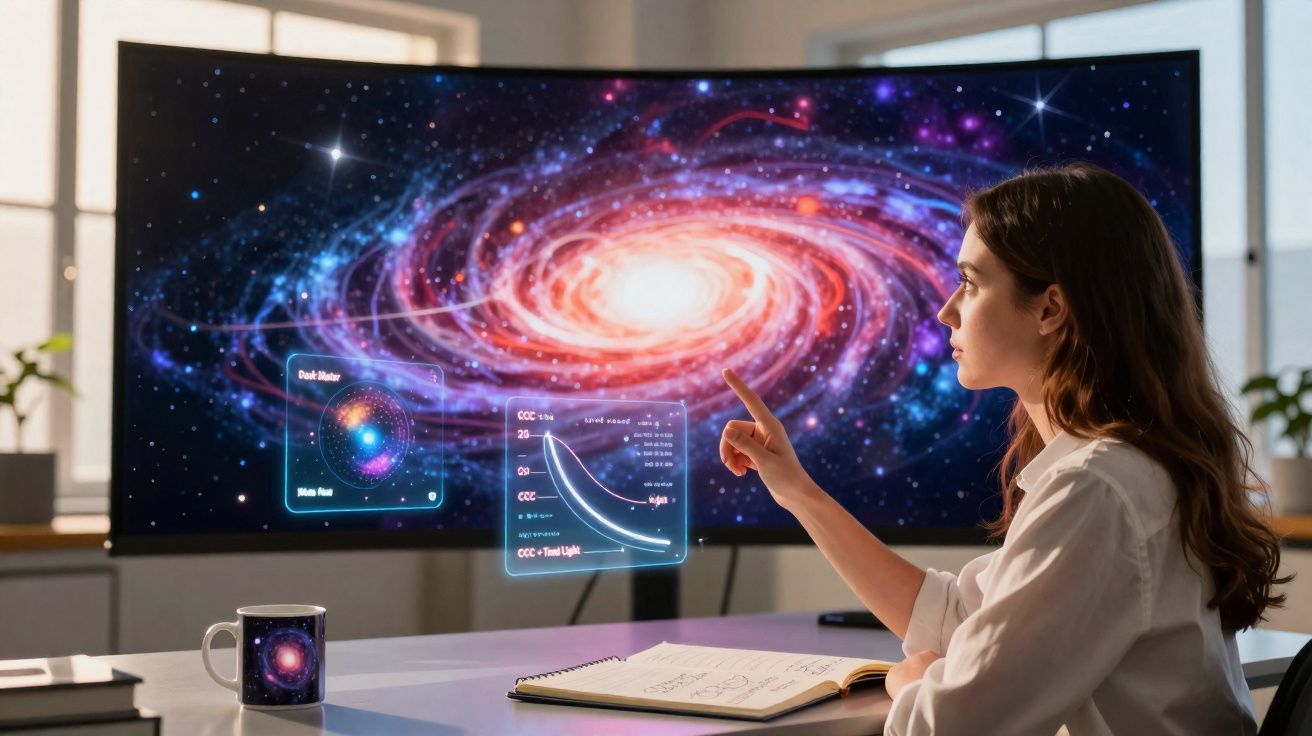 Mulher a analisar uma galáxia na tela curva com gráficos e caderno aberto numa mesa interior.