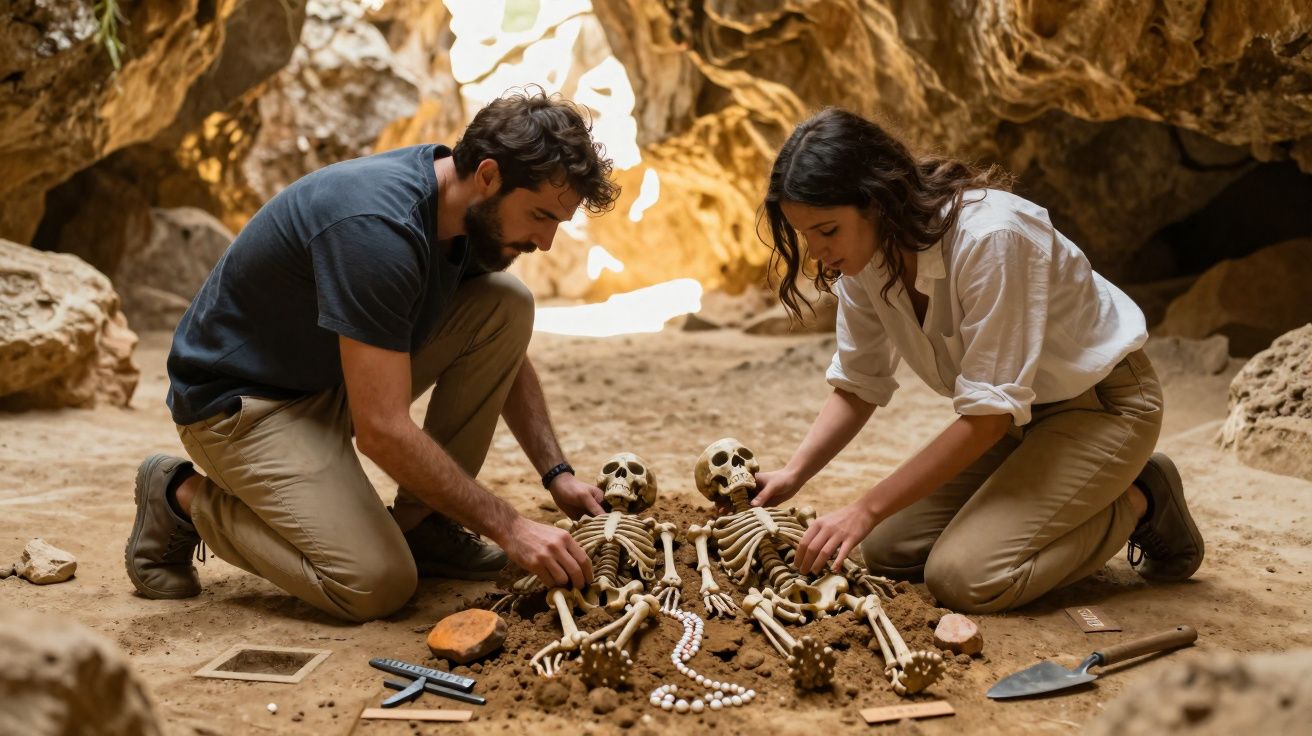 Homem e mulher arqueólogos examinam esqueletos humanos numa caverna durante uma escavação.