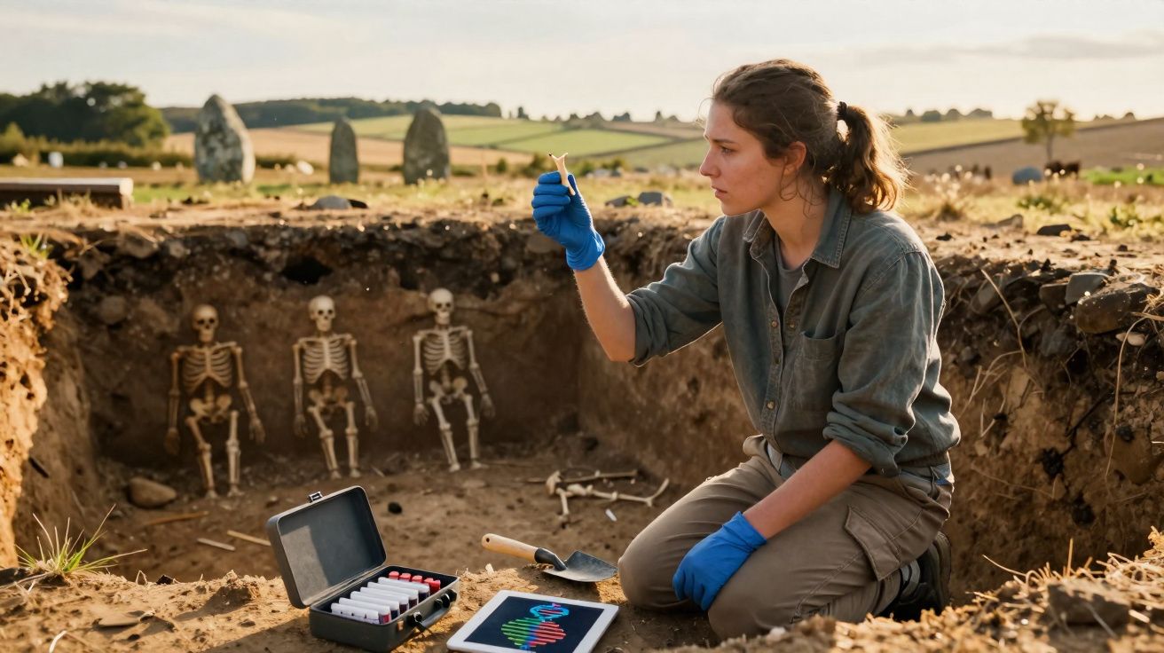 Mulher arqueóloga examina artefacto num sítio de escavação com esqueletos e ferramentas arqueológicas.