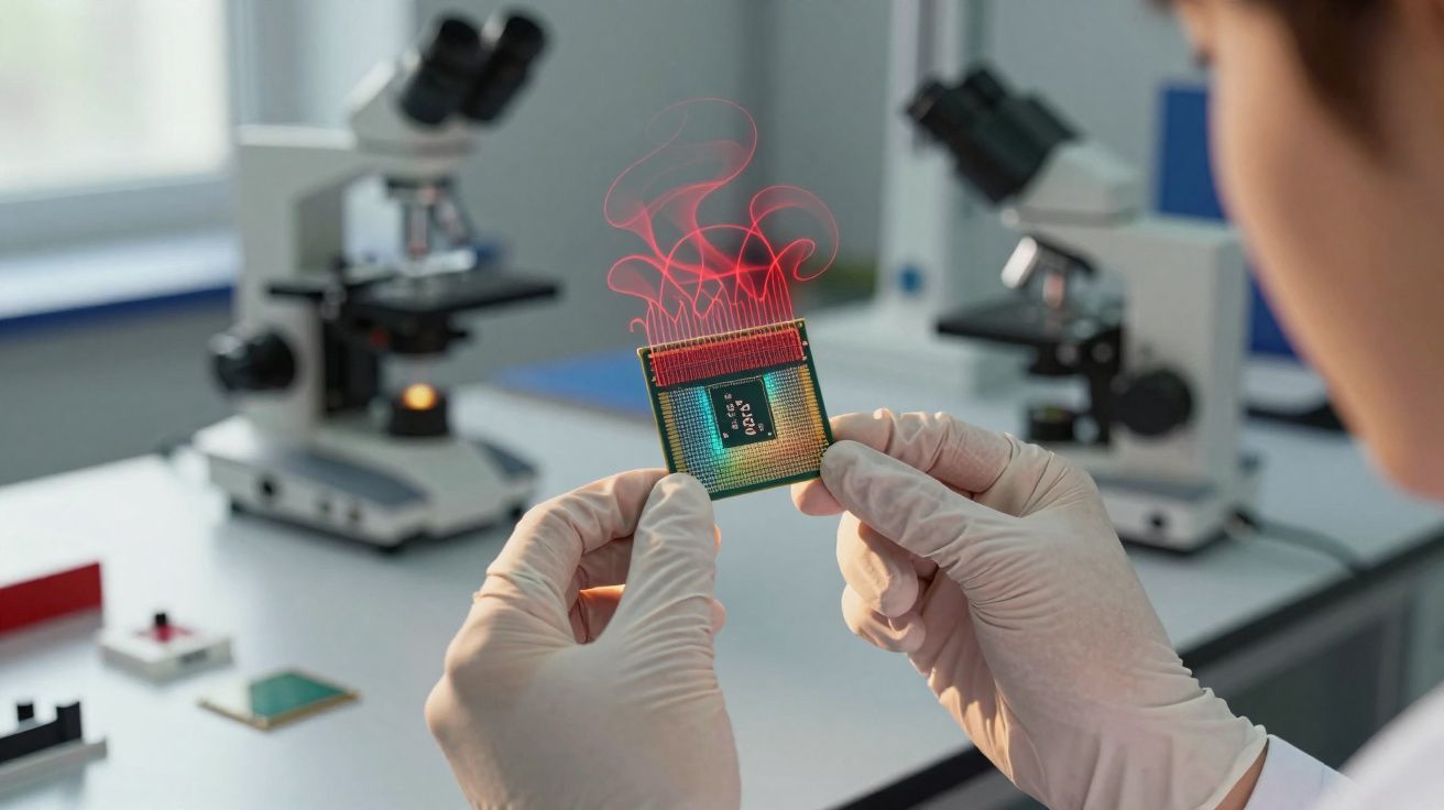 Pessoa com luvas a segurar um microchip a sobreaquecer com microscópios no fundo de laboratório.