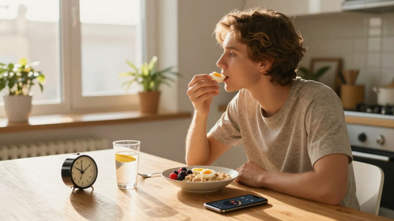 Jovem sentado à mesa a comer ovo cozido no pequeno-almoço com frutas, relógio e telemóvel à frente.