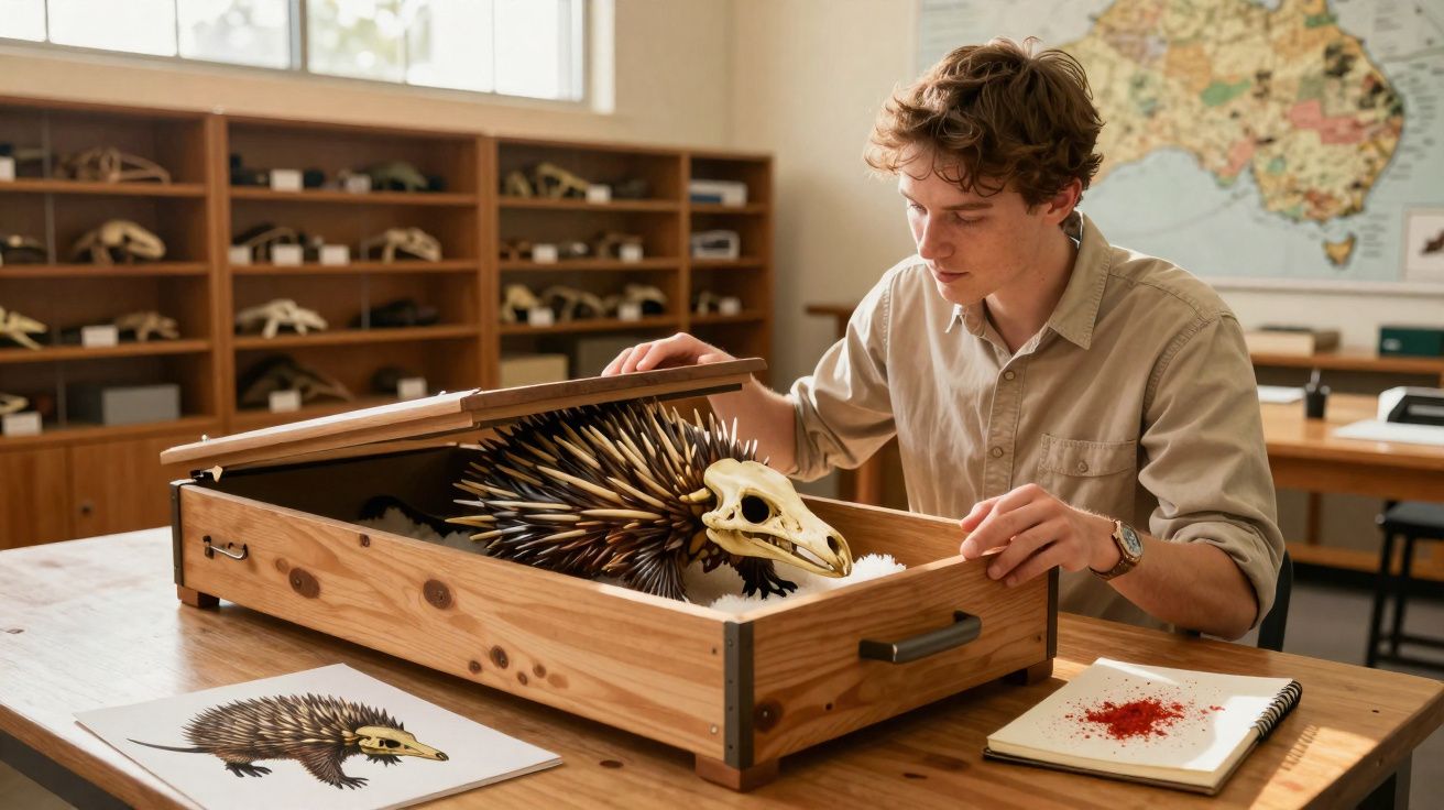 Homem jovem examina modelo científico de equidna com crânio numa caixa de madeira numa sala de estudo.