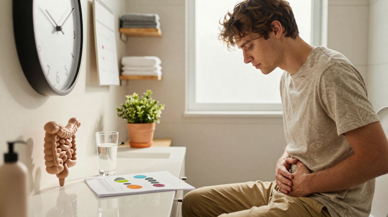 Homem sentado a segurar a barriga com expressão de dor, em consultório médico com modelo do intestino e relógio na parede.