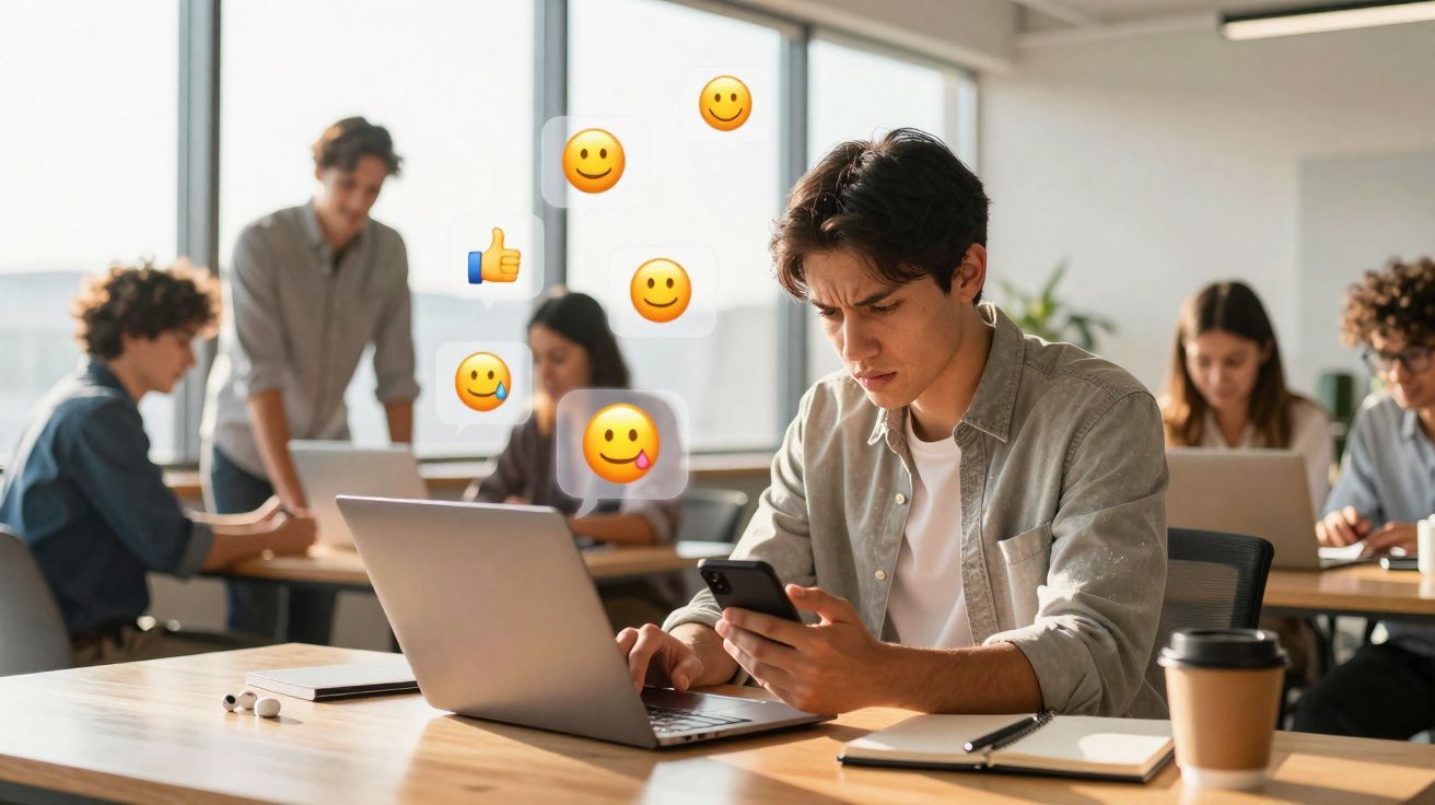 Homem preocupado olha para o telemóvel numa sala de trabalho cheia de pessoas e emojis de mensagens flutuantes.